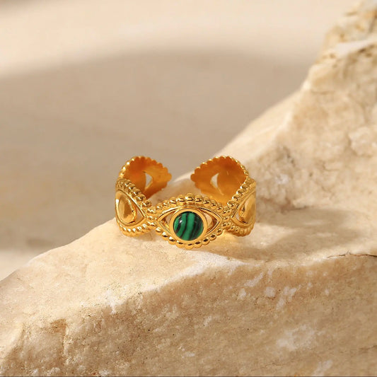 Green Malachite Ring, 18K Gold Stainless Steel