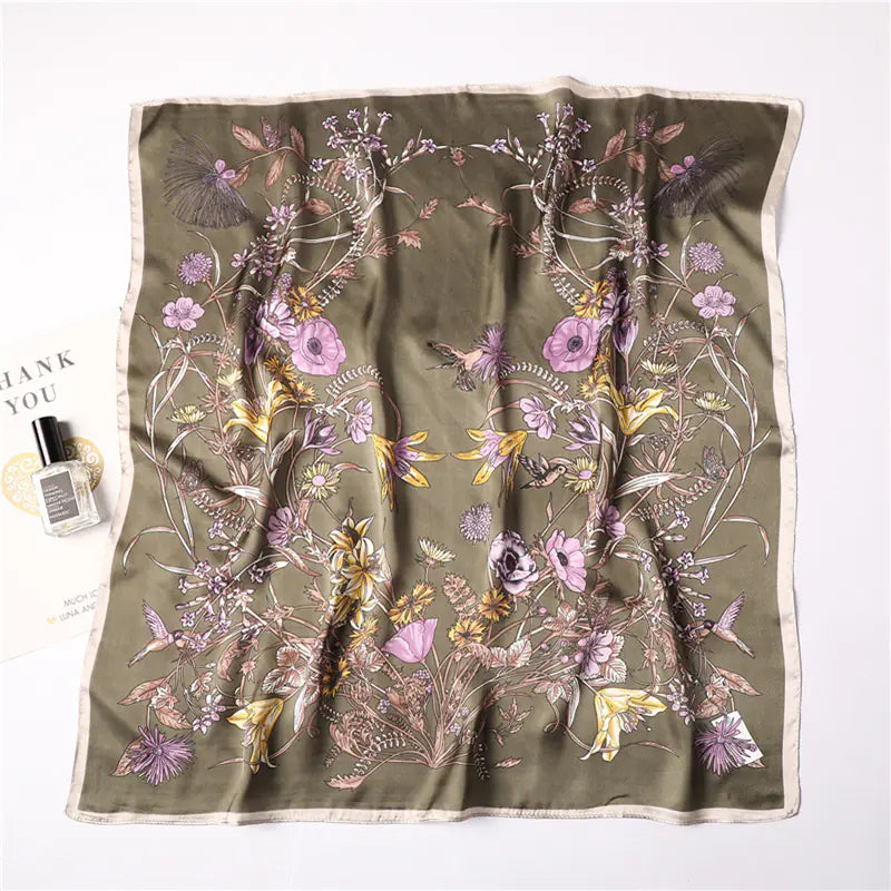 Black lined Floral Pattern Silk Scarf