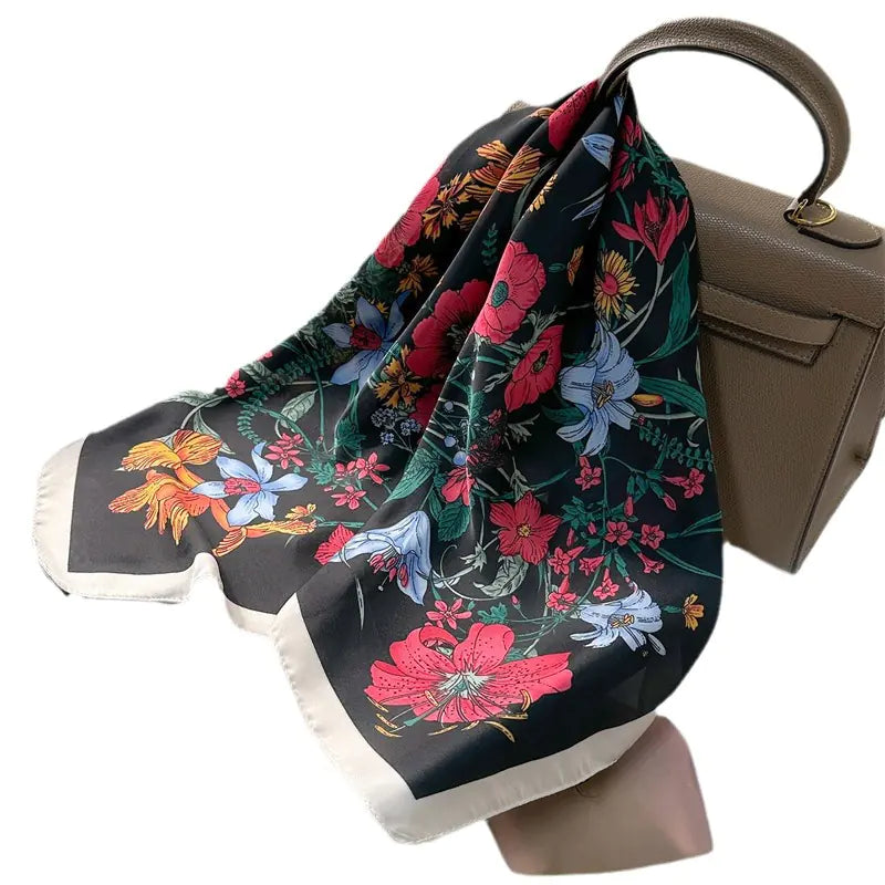 Black lined Floral Pattern Silk Scarf