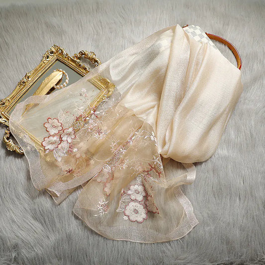Embroidered Silk Scarf with Wool Blend