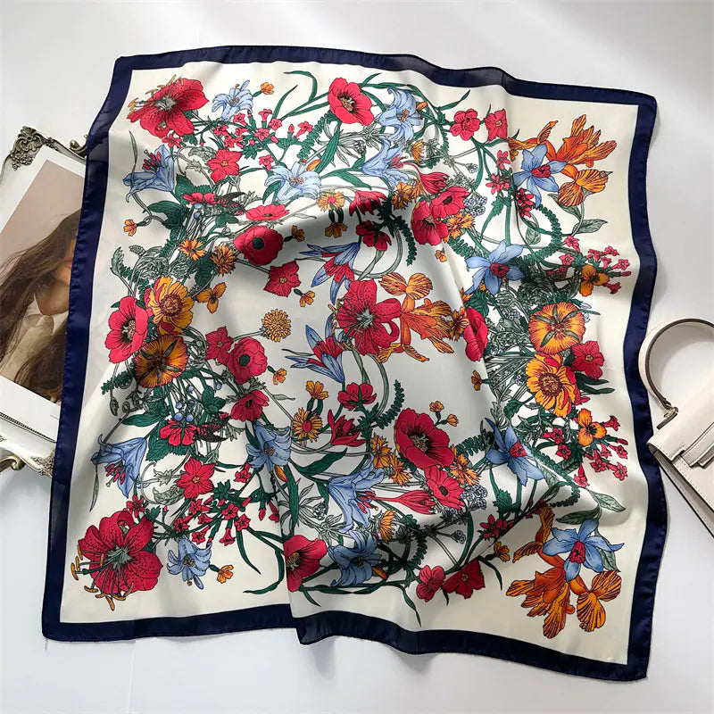 Black lined Floral Pattern Silk Scarf