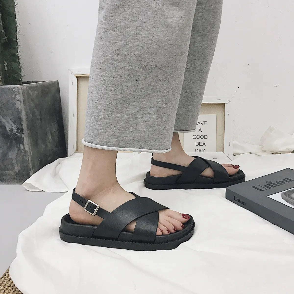 Cross Black Roman Sandals