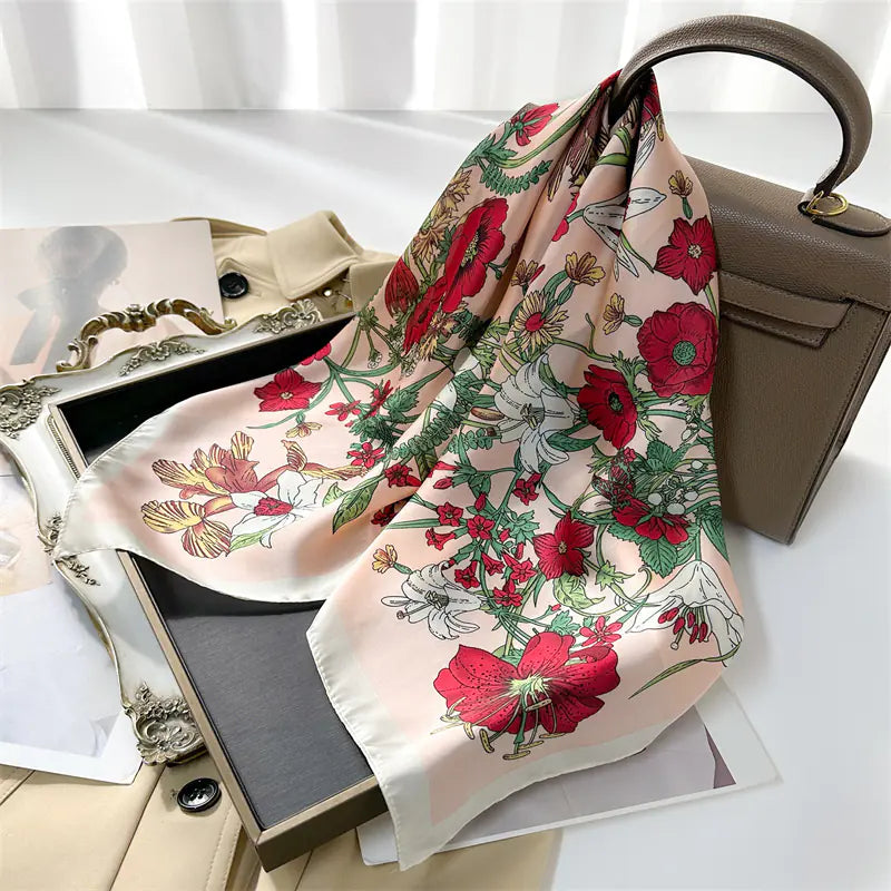 Black lined Floral Pattern Silk Scarf