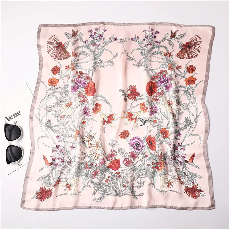Black lined Floral Pattern Silk Scarf