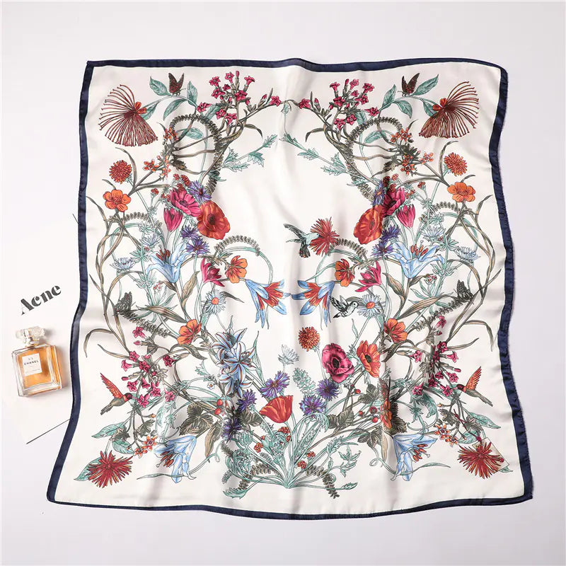 Black lined Floral Pattern Silk Scarf