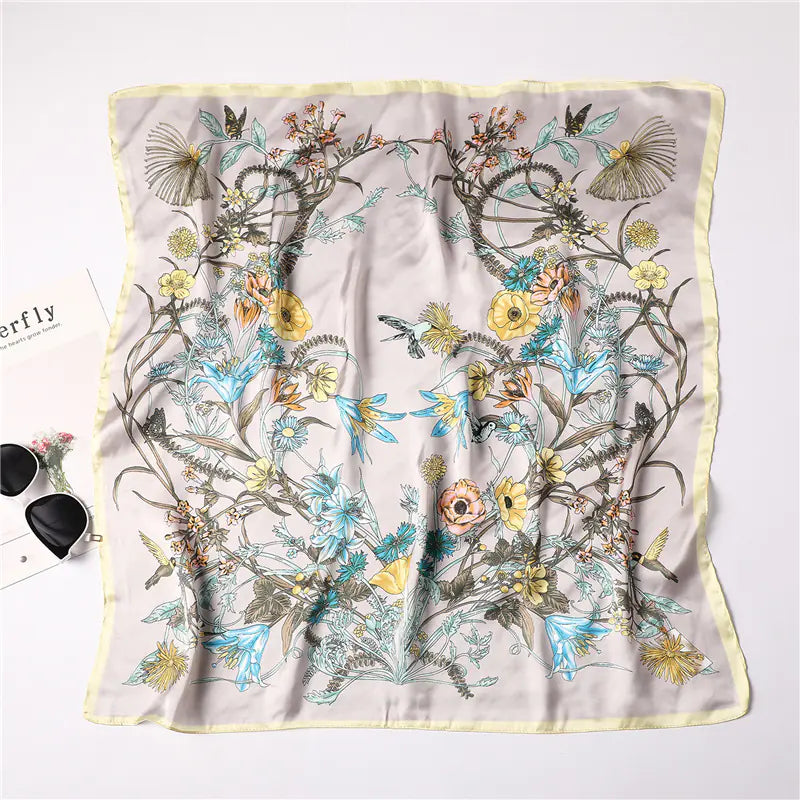 Black lined Floral Pattern Silk Scarf